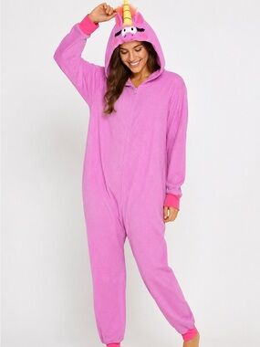 Nick & Nora Unicorn One Piece Pajamas XL Pink Hooded Glitter NWT